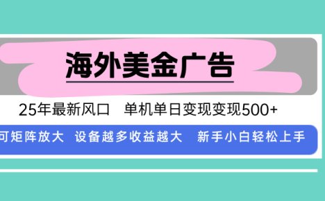 最新海外广告美金，全自动挂机，单机单日500+，可矩阵放大，新手小白轻…