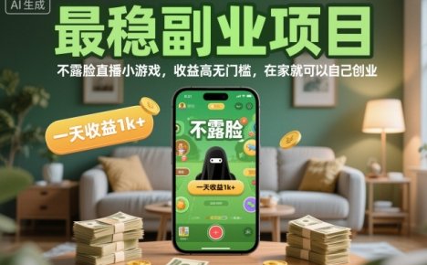 最稳副业项目，不露脸直播小游戏，收益高无门槛，一天收益1k+，在家就可以自己创业【揭秘】